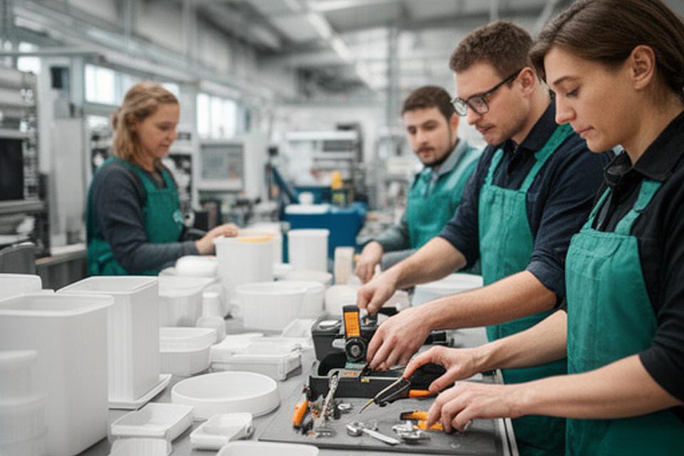 Team in der Produktionshalle in Zürich mit Kunststoffwaren und Prüfwerkzeug auf dem Arbeitstisch