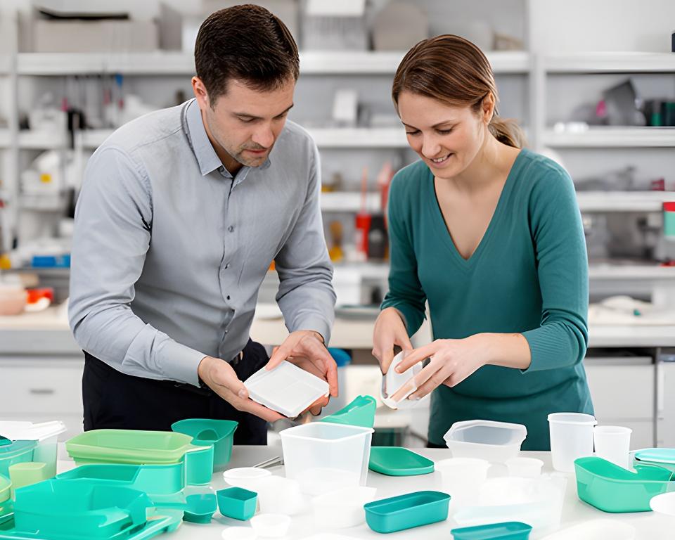 Zwei Mitarbeitende prüfen Kunststoff-Haushaltswaren an einem hellen Arbeitstisch in Zürich