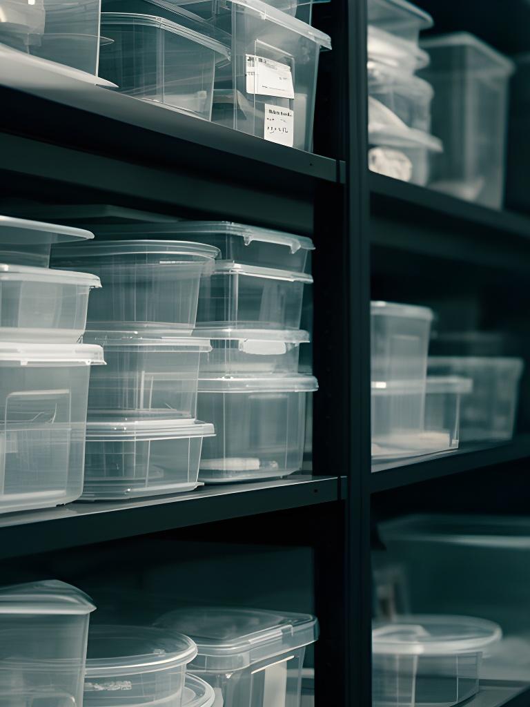 Abstrakte Aufnahme von transparent gelagerten Kunststoffwaren in einem sauberen Archivregal in Zürich